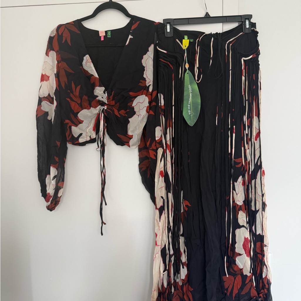 Farm Rio Black And Red Floral Skirt Set